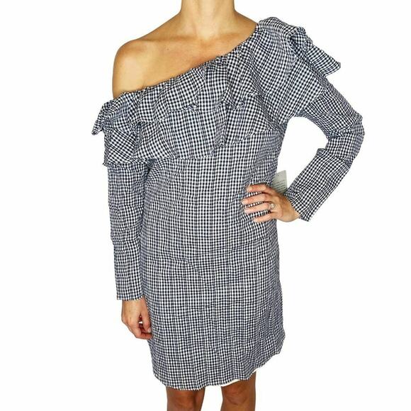 Adelyn Rae Blue White Gingham Dress One Shoulder Ruffle Neckline Small - Picture 1 of 6